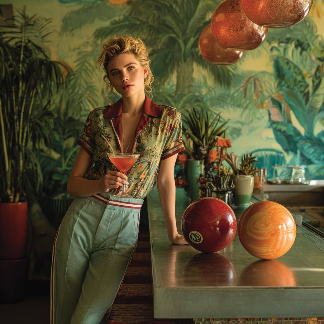 A guest in vintage resortwear with a cocktail beside two marbled house balls