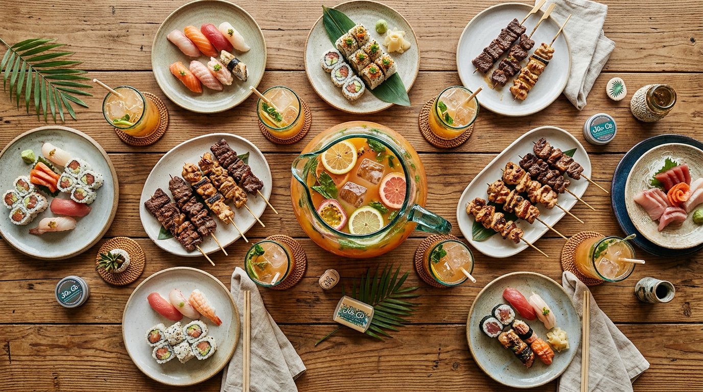 Overhead spread of skewers, sushi, sashimi and a large-format pitcher cocktail on a wooden table