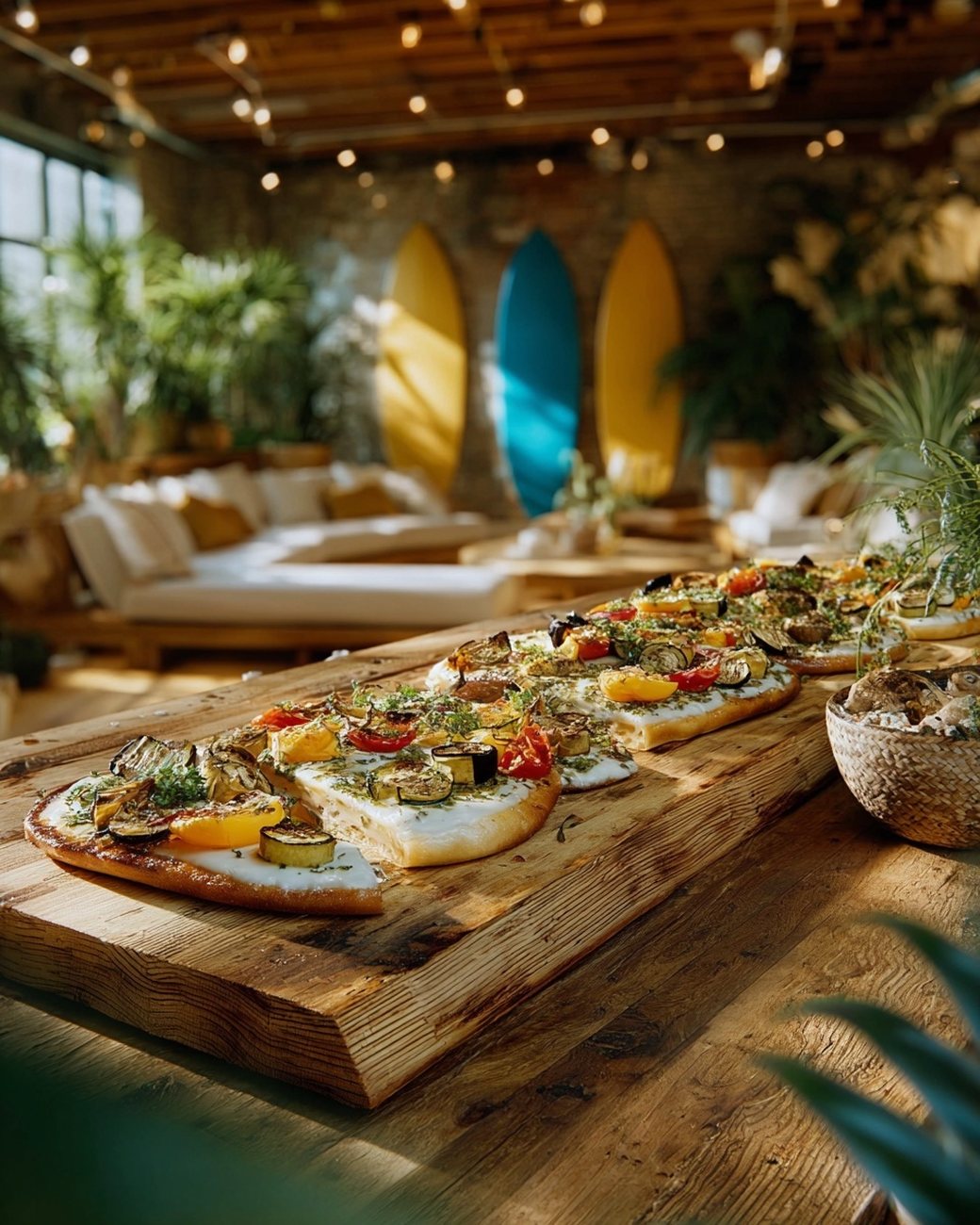 Wood-fired flatbreads and citrus-bright shared plates on a long wooden board