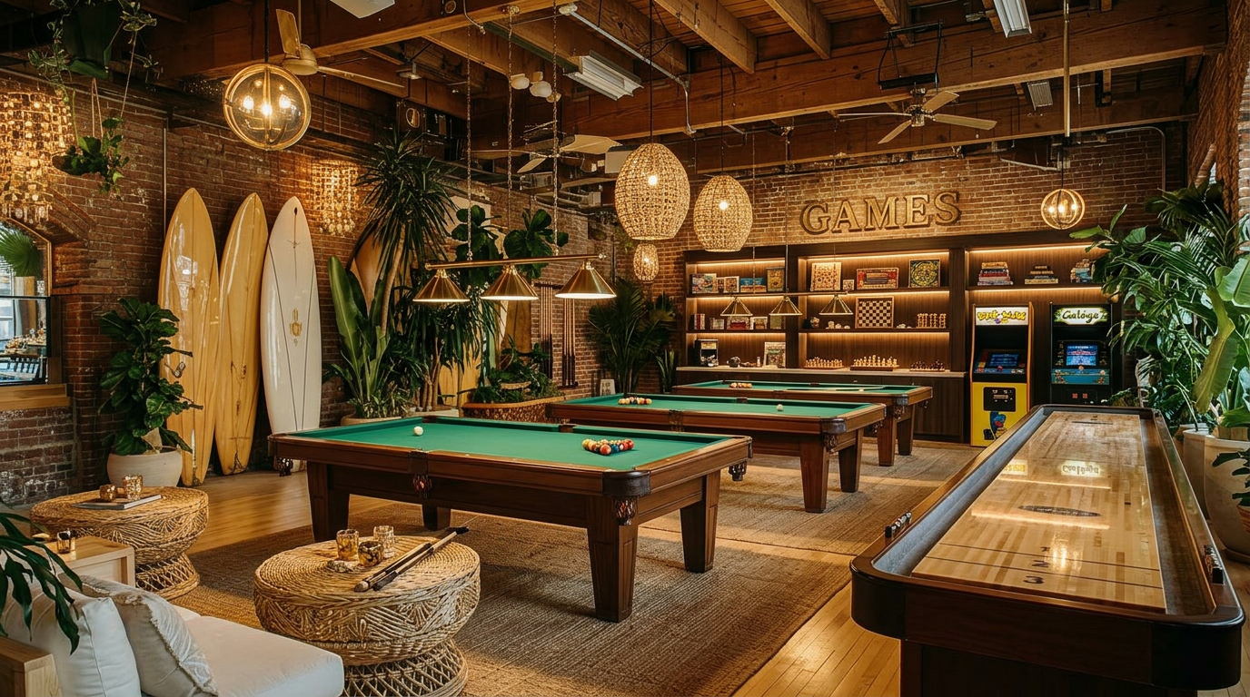 The games room upstairs - pool tables, shuffleboard and an arcade cabinet under exposed brick