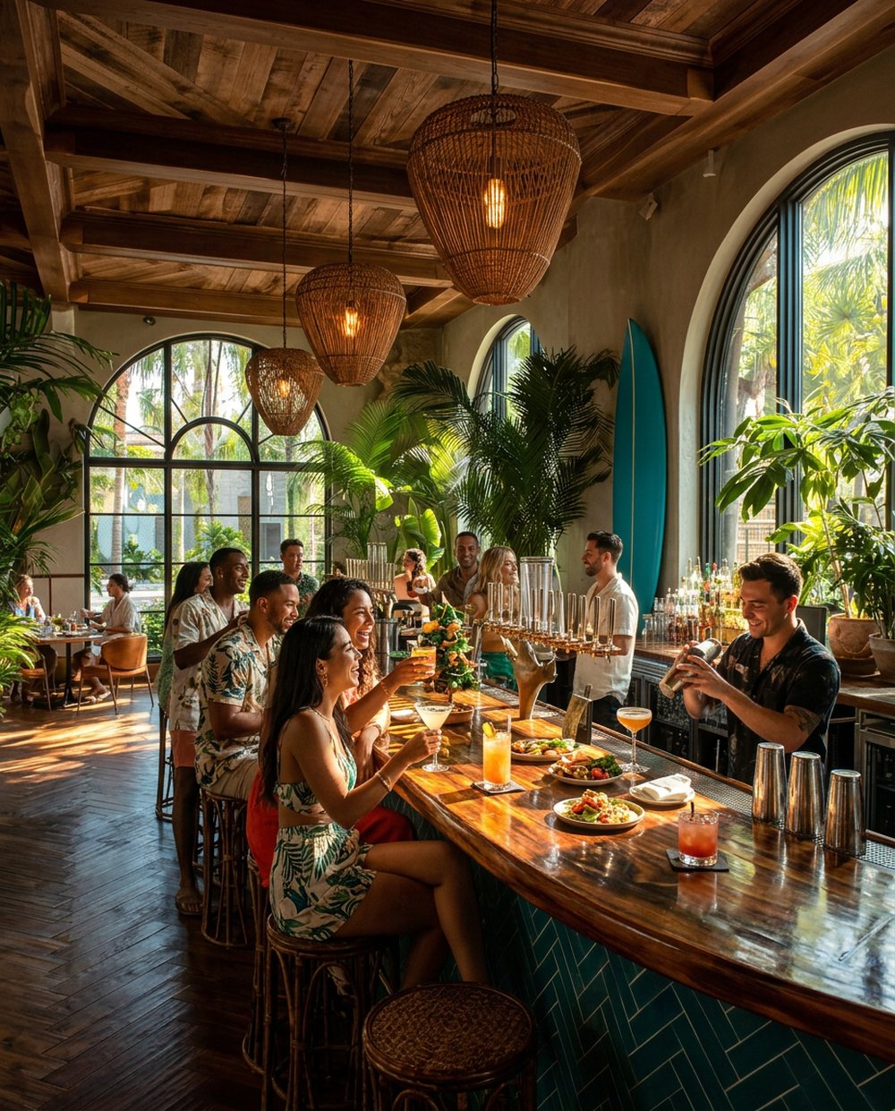 Guests with coastal cocktails and shared plates along the turquoise-tiled, live-edge bar