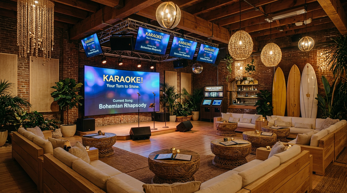 The karaoke room upstairs - lounge seating around a big screen