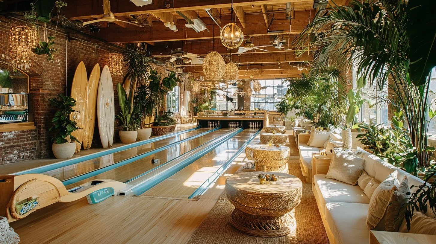 Sunlit boutique bowling lanes with surfboards, plants and rattan seating