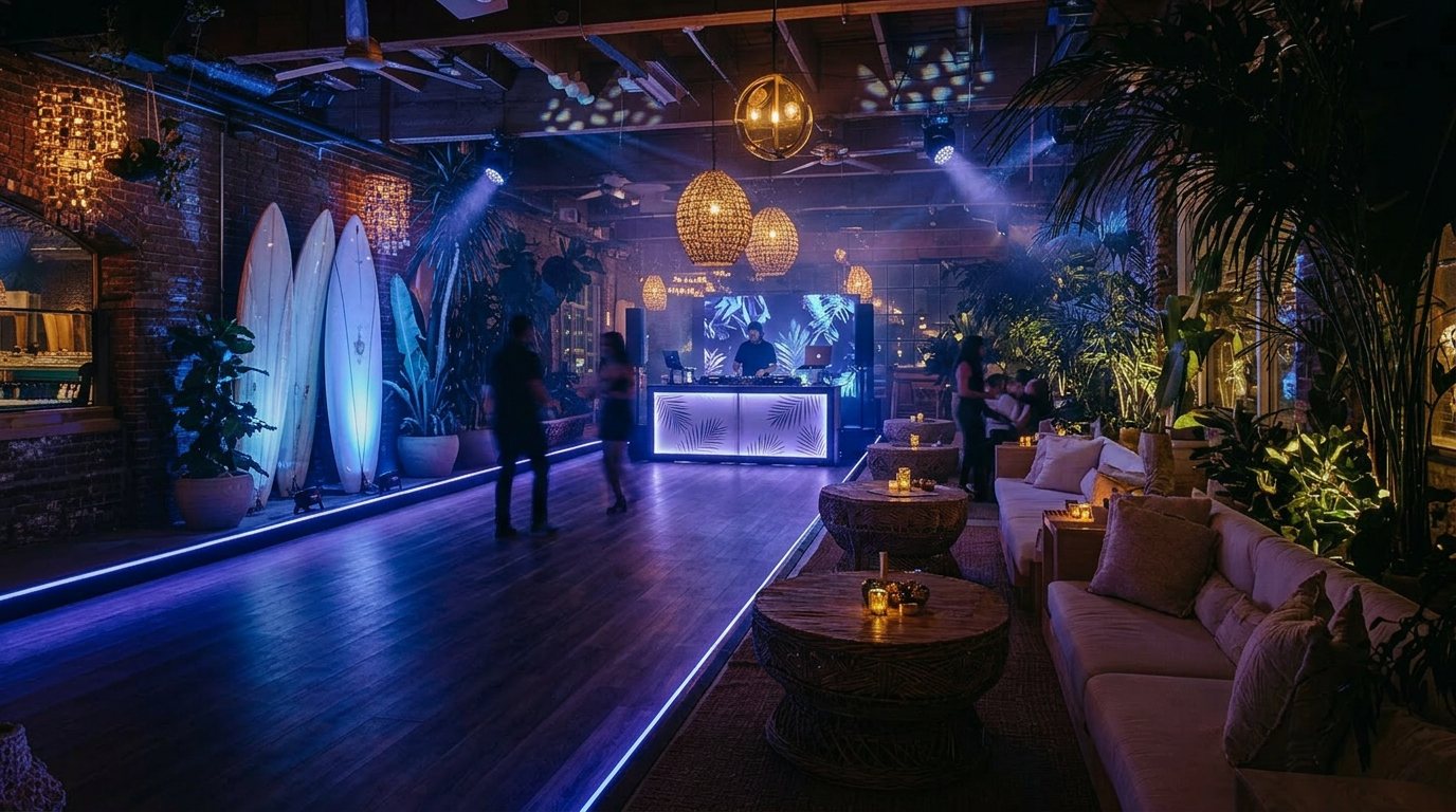 The same room at night, lanes covered for the dance floor