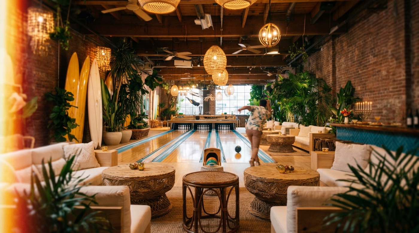 Inside Westside Lanes - warm coastal boutique bowling with surfboards, plants and rattan seating